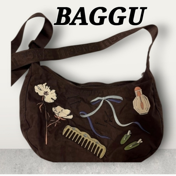 BAGGU Handbags - BAGGU Brown Embroidered Shoulder Bag